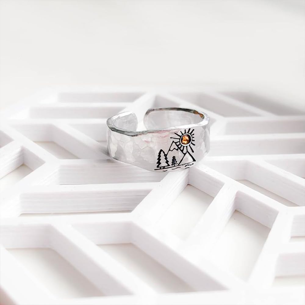 Hebelee Vintage Mountain Sunset Band Ring for Women Silver Plated Adjustable Statement Nature Forest Landscap Knuckle Hugging Wrape Rings Wedding Christmas Holiday Jewelry Delicate Present