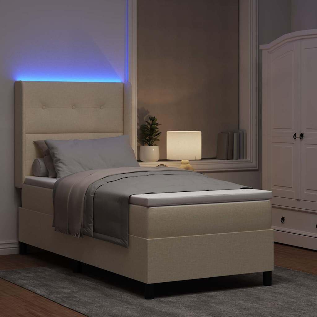Tkaninowe drewniane z LED nowoczesne Kremowy 100x200 cm | Łóżko z LED i materacem 100x200 cm tkanina Kremowy z regulowanym zagłówkiem