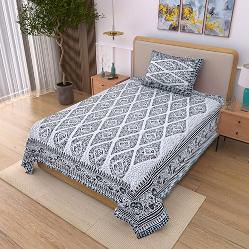 Image of 100% Cotton Single Bedsheet with 1 Pillow Cover | 240 TC Pure Cotton Flat Bed Sheet | Traditional Jaipuri Printed Bedding Set | Soft & Breathable | 60 x 90 Inch (Rangmahal Single 31)