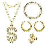 UYDF Dollar Zeichen Halskette Set,Dollar Anhänger Kette,Dollar Zeichen Goldkette kit,Dollarzeichen Gangster Kette Ring,Hiphop Rapper Punk Gold Kette Perfekt für 80er 90er Karneval,Fasching Party
