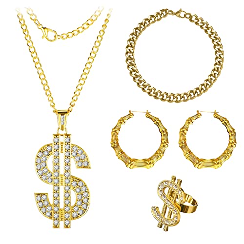 UYDF Kit de Chaîne de Dollar,Collier Dollar,Chaîne Plaqué de Signe Dollar,Kit de Hip Hop Avec Bague Dollar,Colliers Et Bague Hip Hop Idéal pour le Rappeurs,Gangsters Cosplay,Party de Carnaval