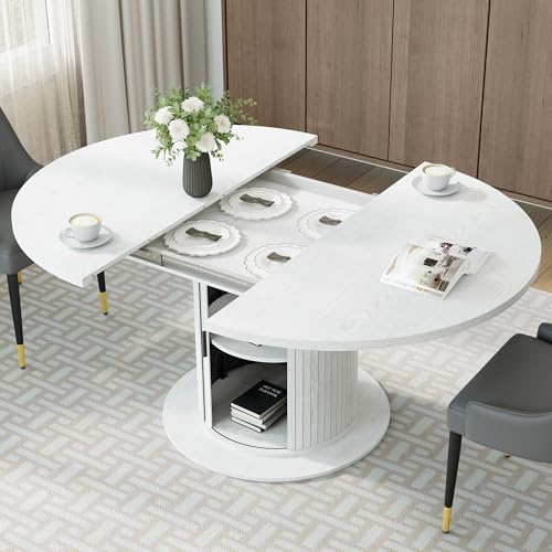 47-63 Extendable Round-to-Oval Dining Table with Double-Layer Hidden Storage, Fluted Cylindrical Base and Sliding Doors, Modern Farmhouse Kitchen Table for Dining Room or Office, White