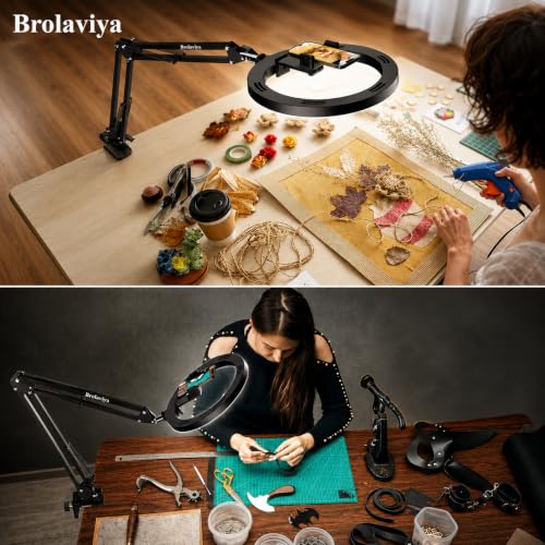 Image of BROLAVIYA Upgraded No Shadow Overhead Video Mobile Stand with 10inch Selfie Ring Light, Metal Arm,1 /4 inch Adaptor for Camera, GoPro and Flexible Mobile Bracket for Desktop, Bedroom, Office