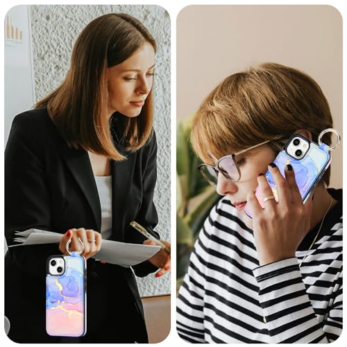 Image of HAOPINSH for iPhone 13 iPhone 14 Wallet Case with Card Holder, Pink Blue Marble Print Back Flip Folio PU Leather Kickstand Card Slots Case, Finger Grip Ring Double Magnetic Clasp Shockproof 6.1 inch