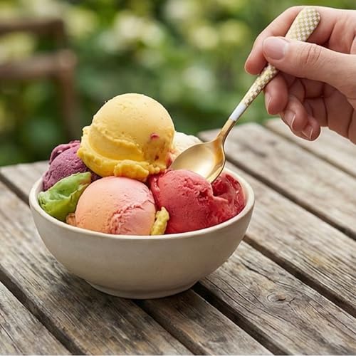 Image of 6.7 inch Aurum Gold Dessert Spoons Set of 5 with Checks Printed Handle ? Durable Stainless Steel Teaspoons, Mirror Polished Silverware Spoons, Perfect for Home, Restaurant, and Gifting