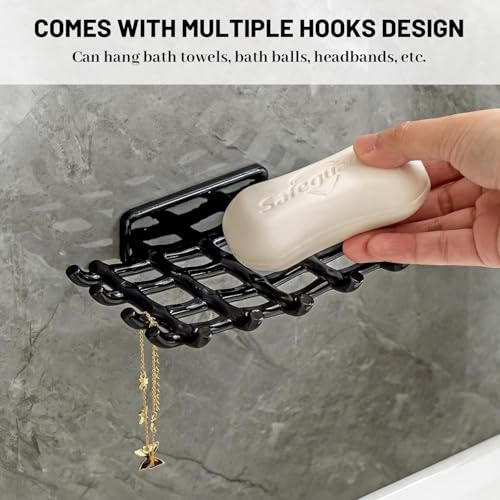 Image of Self Adhesive Soap Holder for Bathroom Wall | Plastic Soap Stand with Drain Tray | Wall Mounted Soap Dish | No Drilling Bathroom Soap Holder (02 Grid Shape Black Color)