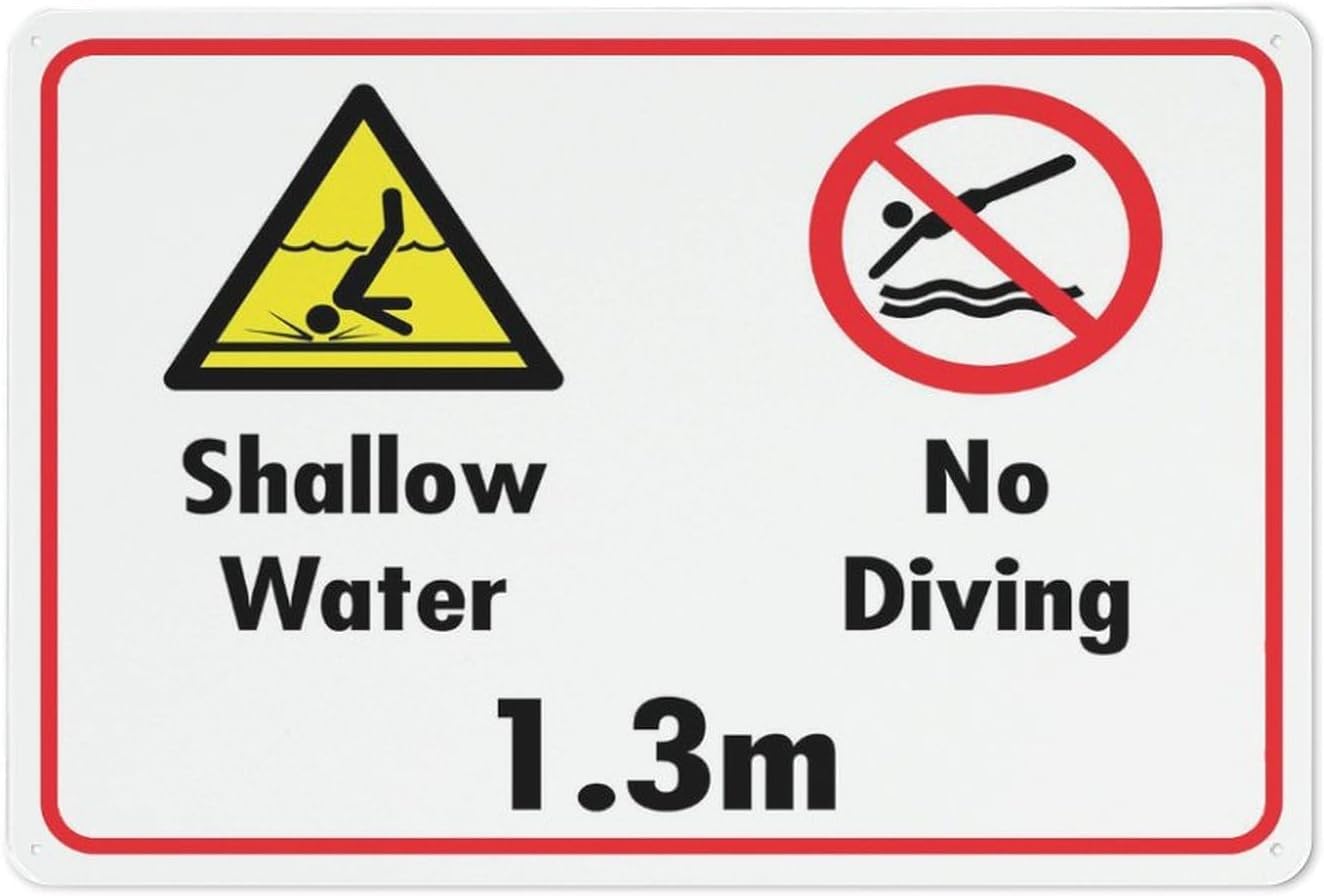 Shallow Water No Diving 1.3M Rust Free Aluminum Tin Sign - Warning Decor with Pre-Drilled Holes for Home/Business Pool - 12x16 Inch​