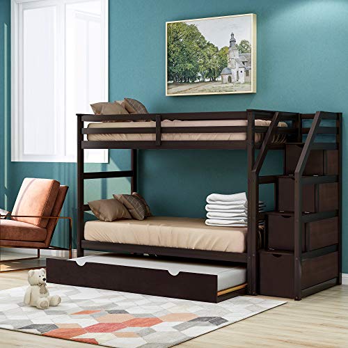 Trundle Bunk Beds, Rockjame Solid Wood Twin Over Twin Bunk Bed with Stairs