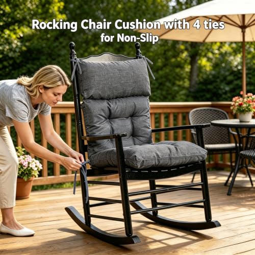 Image of QILLOWAY Outdoor Rocking Chair Cushion 43x21 Inch, 100% Polyester Waterproof Patio Rocking Chair Cushion, High Back Weatherproof Chair Pad for Adirondack & Outdoor Furniture, Charcoal Grey, Black