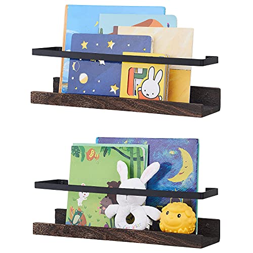 Image of Mkono Book Shelf for Wall Rustic Wood Wall Mounted Bookshelf Set of 2 Small Floating Book Shelves Kids Hanging Bookshelf Organizer for Bedroom Nursery