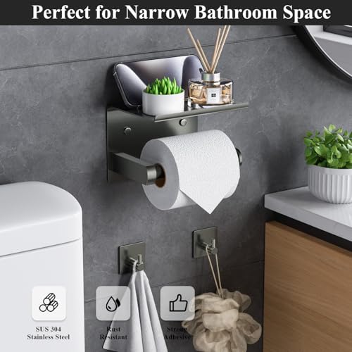 Tindbea Toilet Paper Holder with Phone Shelf + Towel Robe Hooks, Adhesive or Screw Wall Mounted Toilet Paper Roll Storage, Stainless Steel Bathroom Tissue Roll Holder (Polished Grey) — view 2