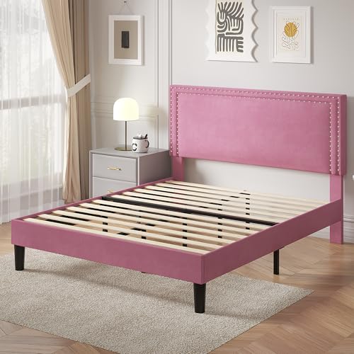 Image of VECELO Queen Size Platform Bed Frame with Height Adjustable Upholstered Headboard, Modern Mattress Foundation,Strong Wood Slat Support, No Box Spring Needed, Easy Assembly,Pink