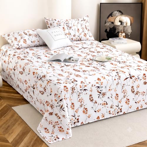 Image of IVAZA 240 TC Soft Ezyption Cotton Floral Print King Size Bedsheet - with 2 Pillow Covers, Hypoallergenic, Brethable, (Size- 90 x 90 Inch) Rust Orange