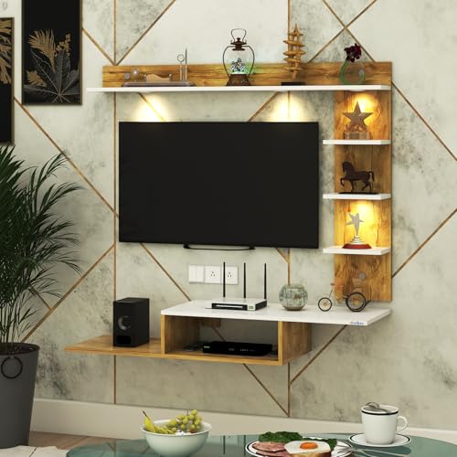 Image of Anikaa Wintor Engineered Wood Wall Mounted TV Unit with 4 LED Lights, 3 Open Shelves,1 Storage Box & Decorative Display Shelf for Living Room | Ideal for Upto 43 Inch TV- Gaintwood /White(DIY Assembly)