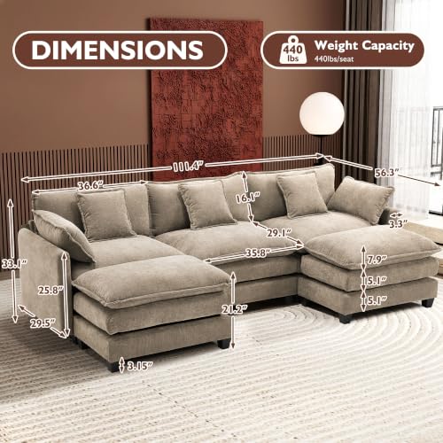 Image of Ihanherry 111.4 inch U Shaped Modern Sofa Modular Sectional Luxurious and Comfortable with 2 Ottoman, 5-Seat Chenille Deep Seat Sofa with Pillow for Living Room, Bedroom and Apartment, Sand