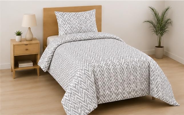 Image of 210 TC Glace Cotton Soft Cotton Zig Zag Design Flat Queen Size 60x90 inches Bedsheet Set - Lightweight & Durable 1 Bed Sheet with 1 Pillowcase 17x27 inches Grey