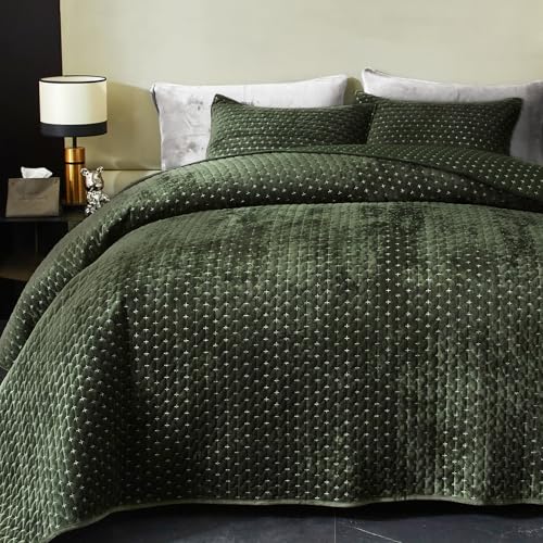 Velvet Quilt King Size, Oversized Bedspread Quilted Bedding Set, Luxurious Soft Coverlet Set Lightweight Velvet Comforter for All Season with 2 Pillow Shams, 96x106" Army Green Striped Quilt Set