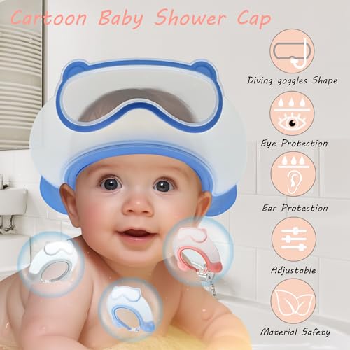 Image of Baby Shower Cap Shield, Shower Cap for Kids, Visor Hat for Eye and Ear Protection for 0-9 Years Old Children, Cute diving goggle Shape Makes The Baby Bath More Fun (Blue)
