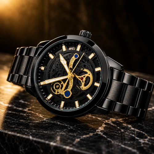 Image of Skeleton Automatic Watch for Men, Mechanical Self Winding Analog Wrist Watch, Black Stainless Steel Chain Strap, Luxury Gold Accent Dial, Waterproof 3ATM, Luminous Hands, Premium Mens Silver Watch