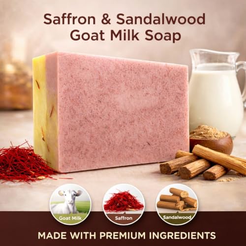 Image of Sandalwood Saffron Goat Milk Soap Bar with Natural Ingredients, Handmade Herbal Bath Soap for Skin Brightening, Moisturizing, and Acne-Prone Skin, 100g, Pack of 2