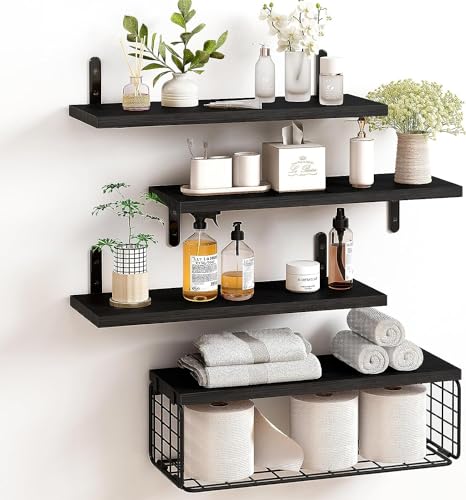 4+1 Tier Floating Shelves, Rustic Wood Wall Mounted Shelf, Bathroom Shelves Over Toilet with Wire Storage Basket, Farmhouse Wall Decor for Bedroom, Living Room, Kitchen, Office, and More (Black) 4+1 Tier Floating Shelves, Rustic Wood Wall Mounted Shelf, Bathroom Shelves Over Toilet with Wire Storage Basket, Farmhouse Wall Decor for Bedroom, Living Room, Kitchen, Office, and More (Black)