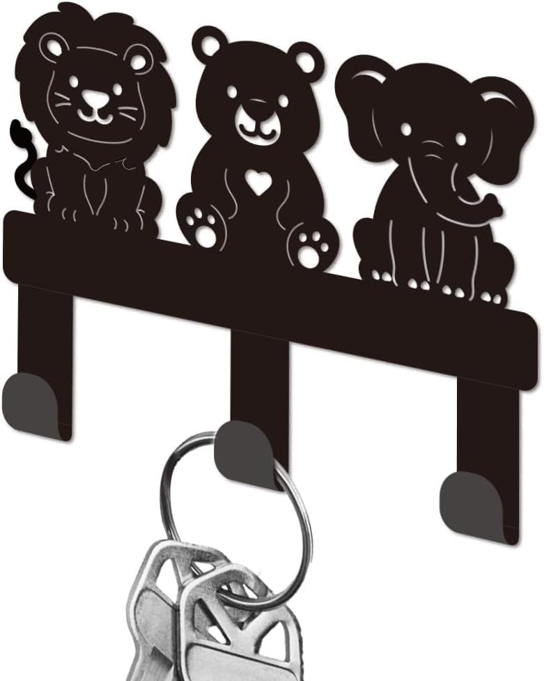 Cute Jungle Animals Key Holder for Wall Mini Black Iron Key Hooks Wall Mounted Key Rack with 3 Hooks Small Key Hanger House Key Holder for Entryway Front Door Hallway Bathroom Bedroom Garden