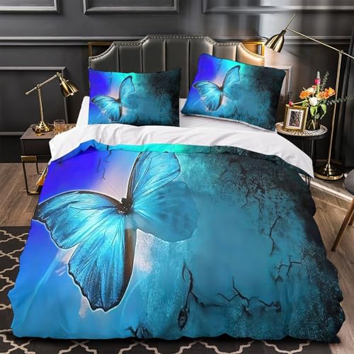Housse de couette oiseaux bleus 200x200cm parure de lit imprimée illustration nature - 2