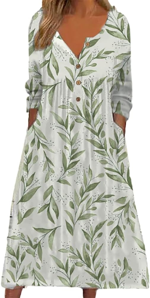 Women's Button Down V Neck Midi Tshirt Dress Plus Size Boho Summer 3/4 Sleeve Beach Dresses with Pockets 2024