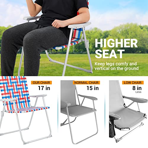 #Wejoy 2 Pack Anti-Tip Over Folding Webbed Lawn Chair, Oversized 17-In High Beach Chair For Adults,Aluminum High Seat Camping Chair For Elder Outdoor Garden Park Backyard(Blue/Grey/Red) #TOP3