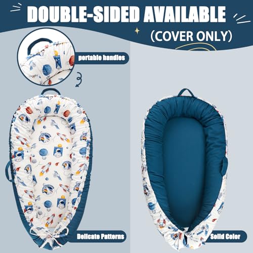 Image of Baby Lounger Cover for Boys Girls, Reversible Baby Nest Cover, Adjustable Baby Lounger Replaceable Cover for Infant Newborn, Portable and Machine Washable, Cotton Blue Rocket Cover Only