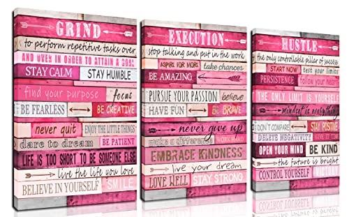 THRLVEART Pink Canvas Wall-Art - Room Decor For Teen Girls - Motivational Posters Ready To Hang Size 16" x 12" x 3 Pieces