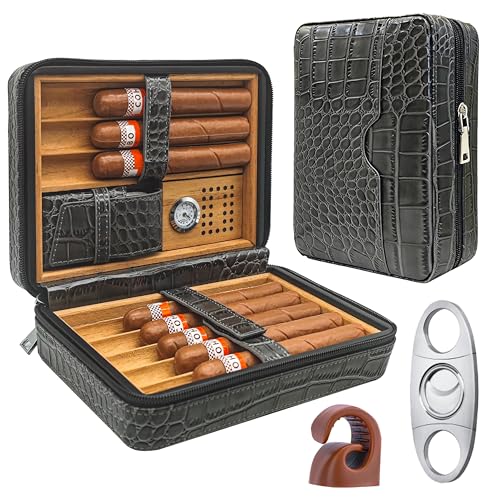 Travel Cigar Humidor Case with Cedar Lining - Portable Leather-Style Cigar Case Holds 8 Cigars, Built-in Hygrometer & Humidifier, Cigar Gift for Men (Dark Gray)