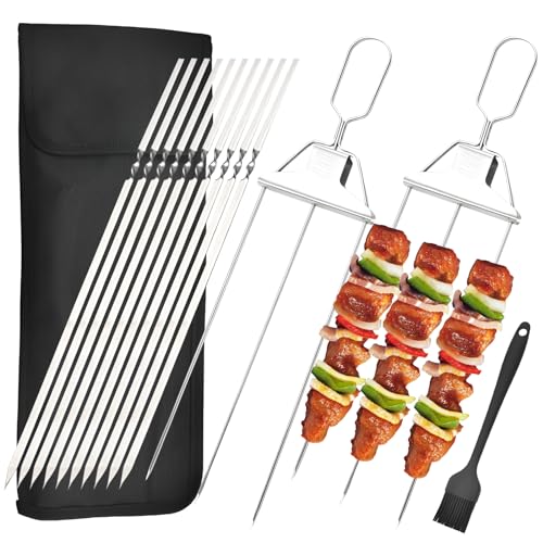 OT-NVWOZR 2PCS 3 Prong Skewers for Grilling, Stainless Steel Kebab Skewer with 10 Metal Skewers, BBQ Accessories Reusable Roasting Sticks for Meat Vegetable Chicken Push Bar Slider