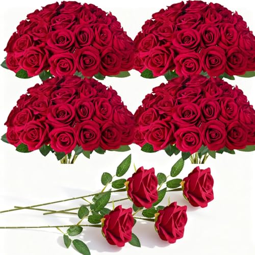 100 Pcs Red Fake Roses Bulk Artificial Flowers Artificial Velvet Silk Roses Bouquet with Stems for Wedding Decoration Fake Flowers in Vase Valentines Day Floral Arrangement Centerpiece Home Decor