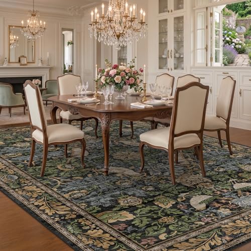 Image of Hazo Haus Dark Living Room Rug 8x10 - Large Washable Vintage Floral Area Rugs for Dining Room, Bedroom, Traditional Antique Style, Birds and Leaves Nature Design, Non-Slip Low Pile (Dark Green /Brown)