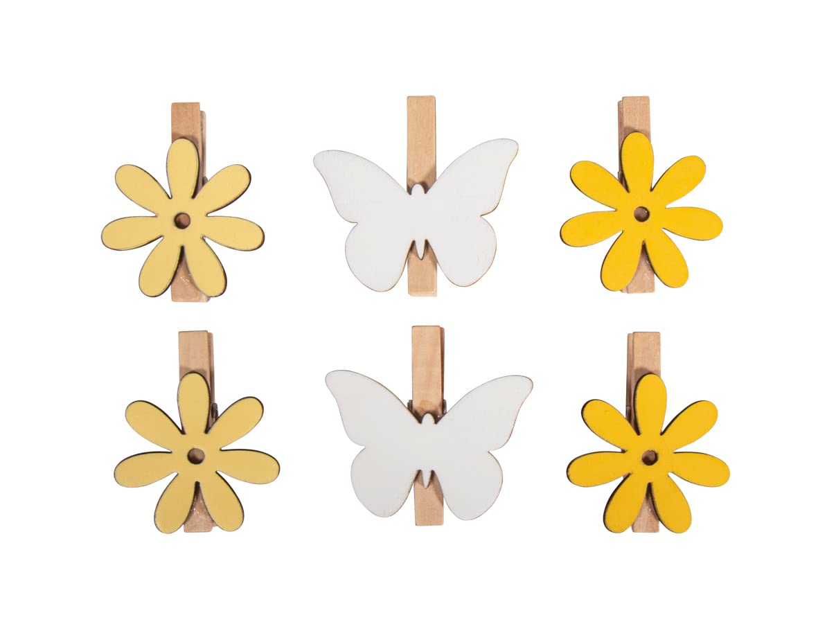 Rayher Set of Six Wooden Pegs with Flower and Butterfly Design, Wood Peg for Paper Crafts, Photos, and Scrapbooking, 4-5cm, 46681000