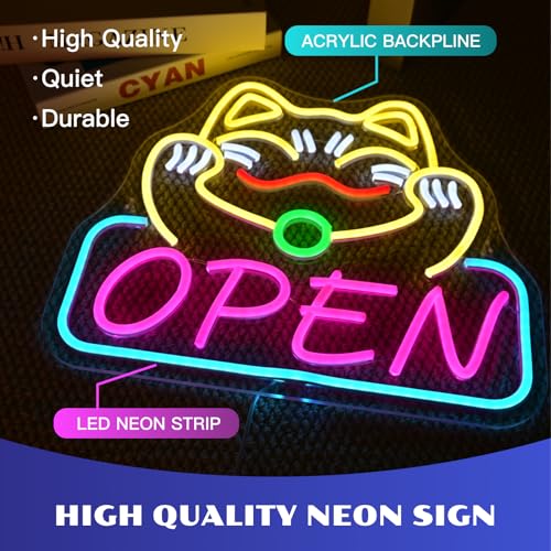 Image of ineonlife Lucky Cat Open Neon Sign Cute Cat Neon Signs for Wall Decor Led Light for Used In Restaurants Ramen Shops Izakaya Sushi Restaurants Shop Decorations Business Opening Gift