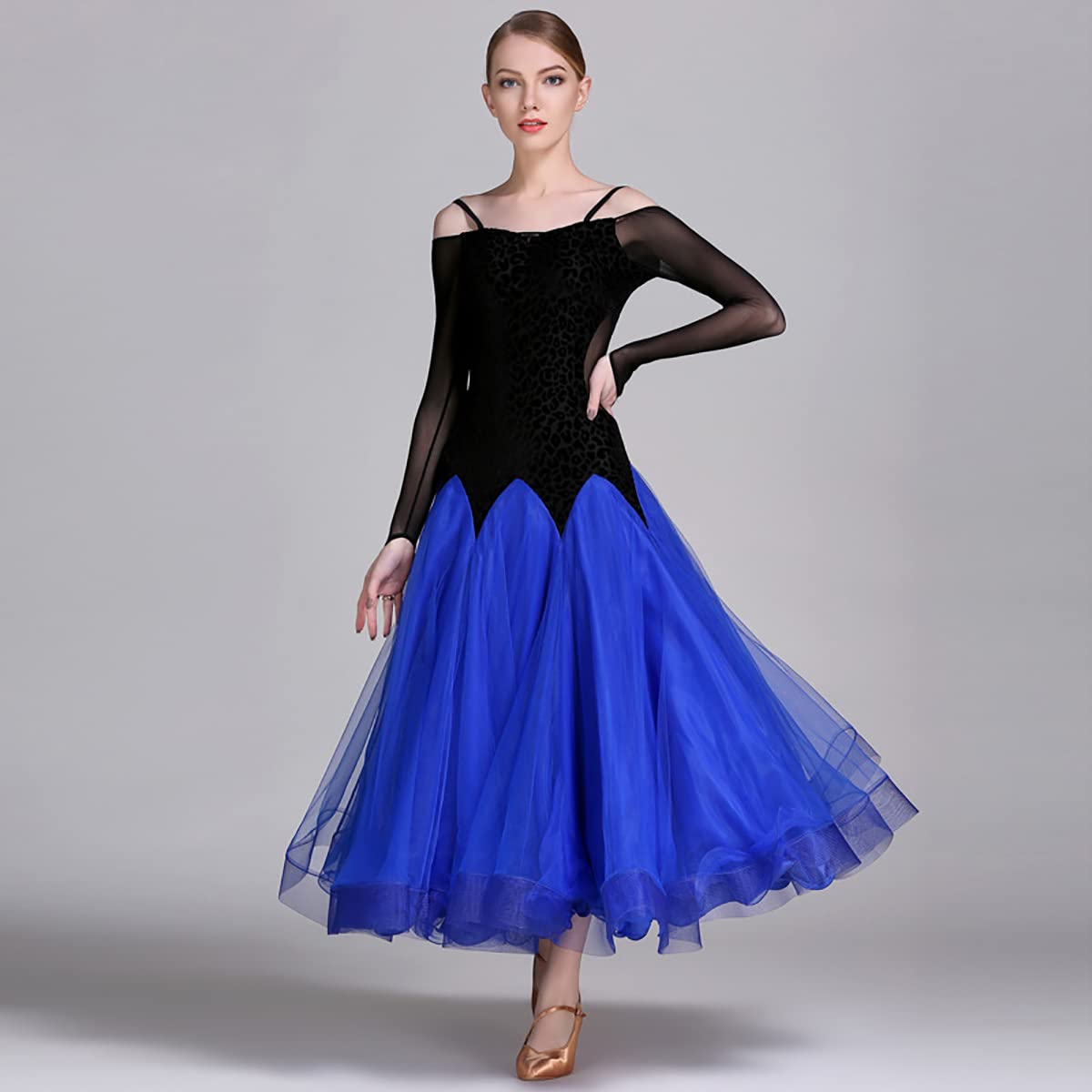 Damskie nowoczesne ubrania do tańca walca sala balowa taniec konkurs kostiumy kobiety moda seksowna sukienka chusta seksowna dekolt w serek otwarte plecy koronka długie rękawy elegancka sukienka imprezowa