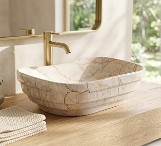 BASSINO 18x14x6 Inches Ceramic Counter Top Wash Basin/1 Year Glazing Warranty/Designer White Basin for Bathroom with Brown Veins/Tabletop Washbasin for Dining Hall/Living Room(Glossy Marble Finish)