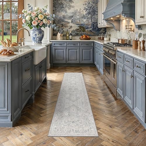 2x5 Blue Neutral Runner Rug for Hallway Kitchen Machine Washable Soft Low Pile Carpet Vintage Distressed Non Slip Throw Rug for Bedroom Front Door Indoor Decor
