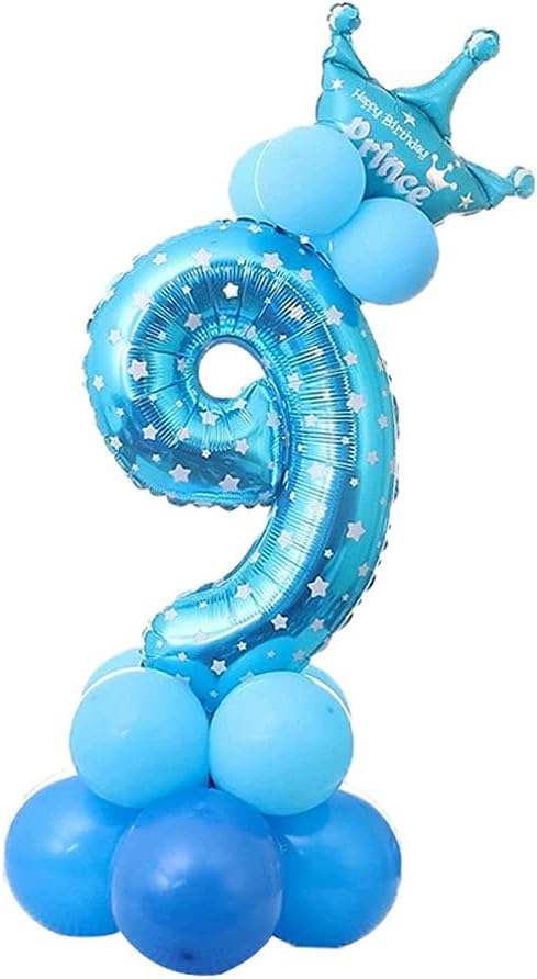 POFET All Numbers Letters Princess Prince Crown Foil Balloons Upright Column Set Birthday Party Decor - Blue 9