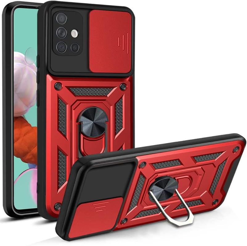 Image of MoreFit Case for Samsung Galaxy A71, Sliding Shutter Camera Bumper Defender Hybrid Polycarbonate Ring Case Back Cover for Samsung Galaxy A71 - Red