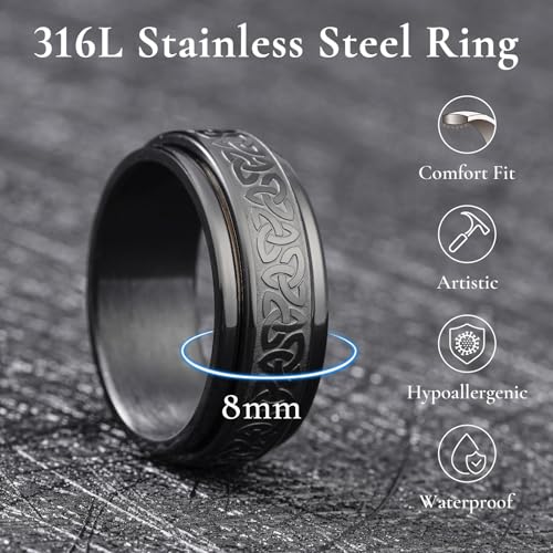 Image of King Will 316L Stainless Steel Spinner Ring for Men Women- 8mm Width Fidget Ring with Dragon /Celtic Knot Pattern, Stress Anxiety Relief Comfort Fit Wedding Band