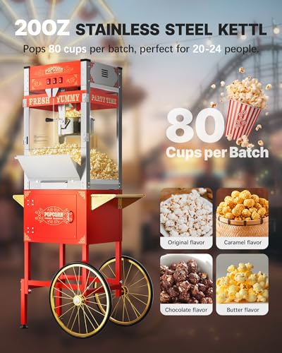 Image of 20 oz Commercial Popcorn Machine Cart, Upgraded Popcorn Maker Machine with Stainless-Steel Kettle Makes Up to 80 Cups, Movie Theater Pop Corn Machine with 3-Switch Control, Red
