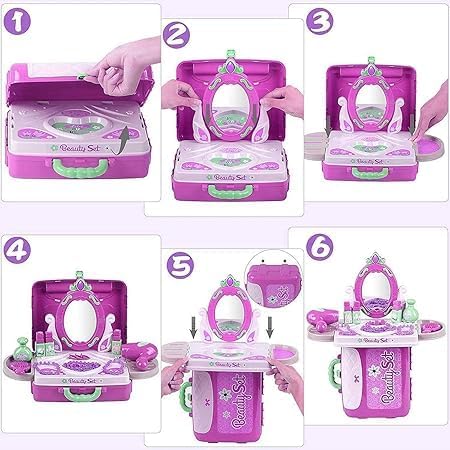 TONICTOYS 3 in 1 Beauty Makeup Plastic Pretend Play Set Fashion Set Suitcase Toy, Gift for Girls 3-8 Year Old Kids,Multi Color (3 in 1 Beauty Set) 4