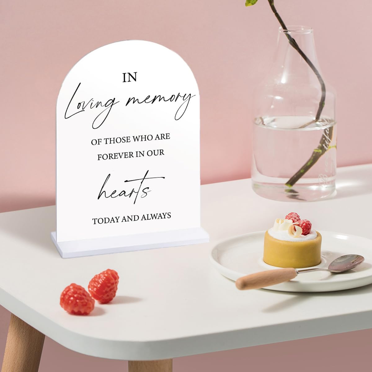 Acrylic Cards and Gifts Sign with Stand, 5x7 inch Black Arched Wedding Table Signs and Base, 1/8" Thick Arch TableTop for Wedding Reception & Event Party Table (White, In Loving Memory Sign)