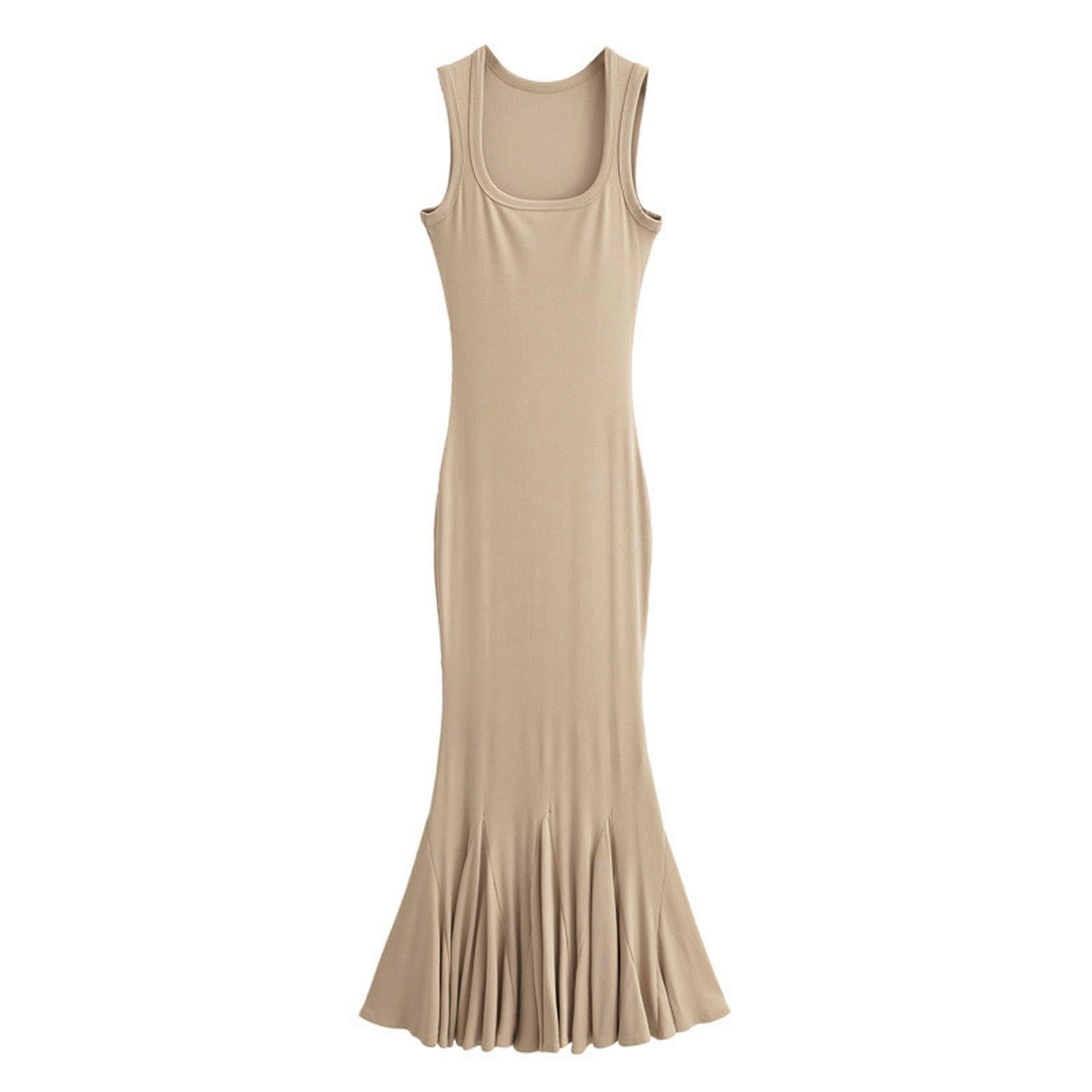 Robe longue d'été extensible kaki à épaules étroites et col carré géométrique