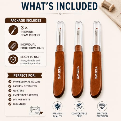 Image of Seam Ripper Large Size 3 pcs, Professional Stitch Remover Tool, Sharp Thread Cutter for Sewing Machine, Tailoring, Embroidery, Quilting and Craft Projects