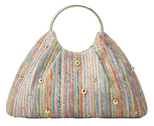 Image of Straw Woven Beach Bag 2026 Summer Beaded Top Handle Handbag Raffia Evening Purse Wedding Clutch Vacation Tote Wristlet Bag