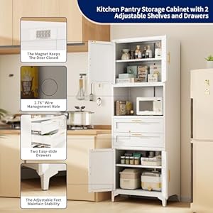 75” Tall Kitchen Pantry Storage Cabinet, Metal Storage Cabinet with 2 Drawers and Adjustable Shelves, Bathroom Storage Cabinet with Open Compartments, Freestanding Cupboard for Kitchen (White) 75 Tall Kitchen Pantry Storage Cabinet Metal Storage Cabinet with 2 Drawers and Adjustable Shelves Bathroom Storage Cabinet with Open Compartments Freestanding Cupboard for Kitchen White